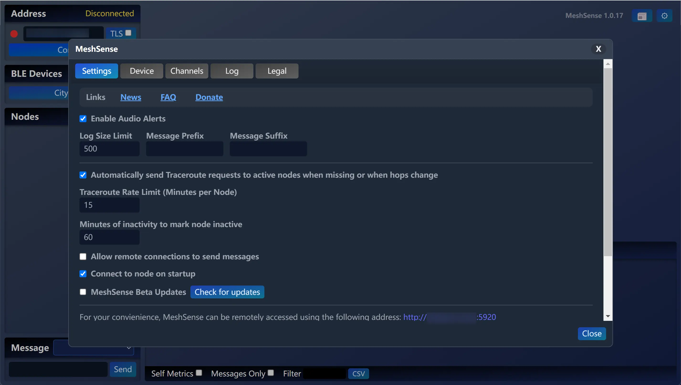 MeshSense 设置界面:Meshtastic 日志限制、自动 Traceroute、远程访问等选项