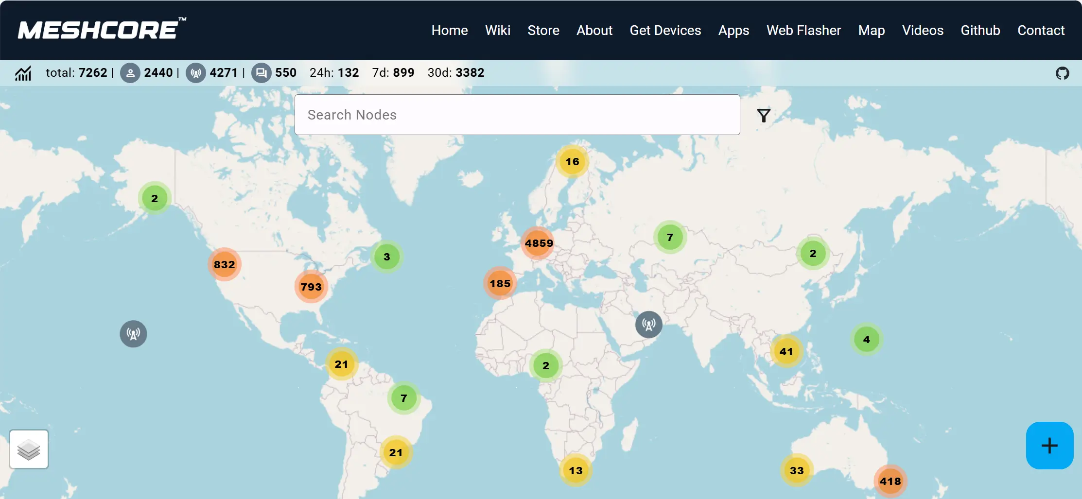 MeshCore 全球节点分布图